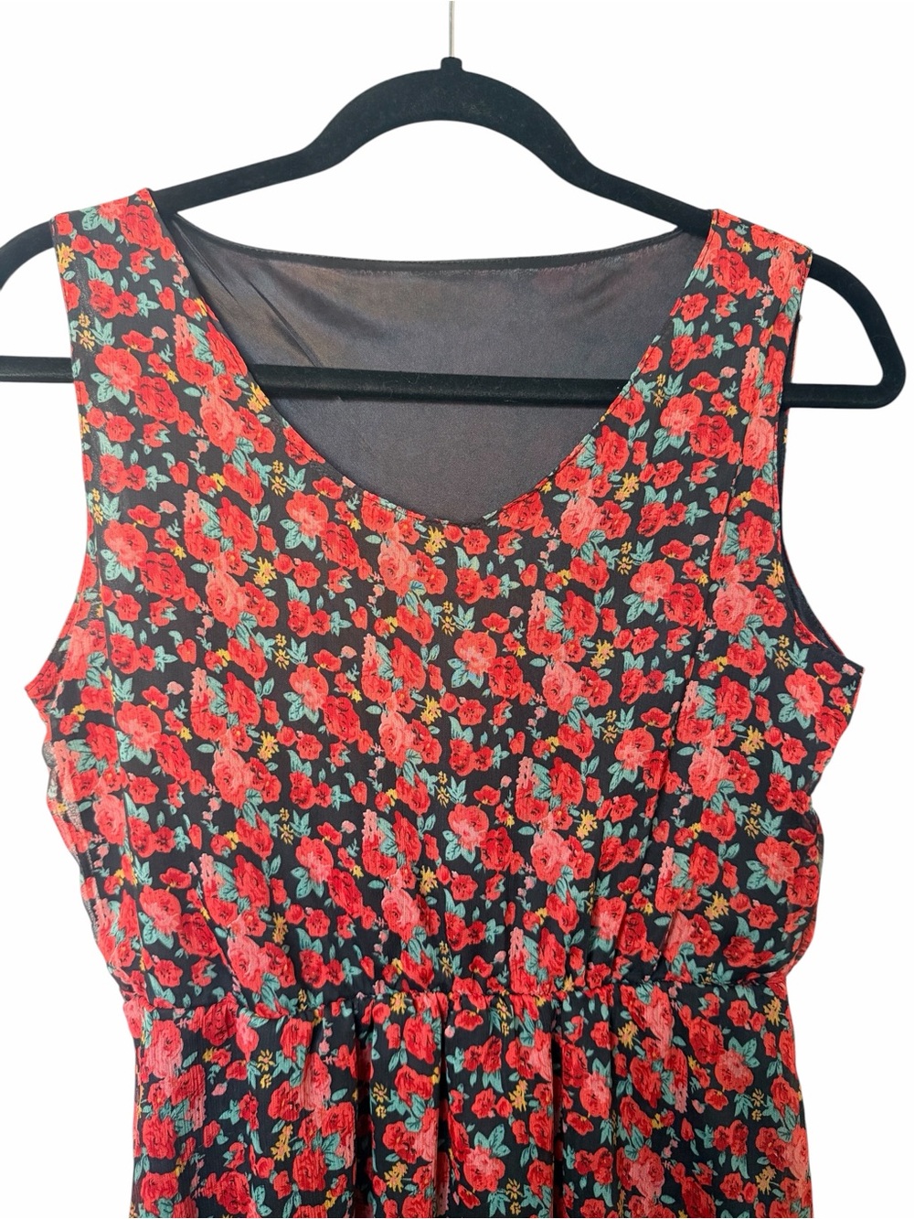 Floral Sleeveless Fit & Flare Dress Black Red Rose Print